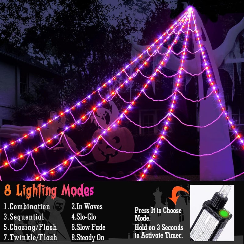 Zivilic Halloween Spider Web Lights 250 LED Lighted Spider Web Giant 16.4Ft Halloween Decorations Light up with 8 Lighting Modes Waterproof & Timer for Outdoor Indoor Yard Haunted House Decor, Purple & Orange - Image 4